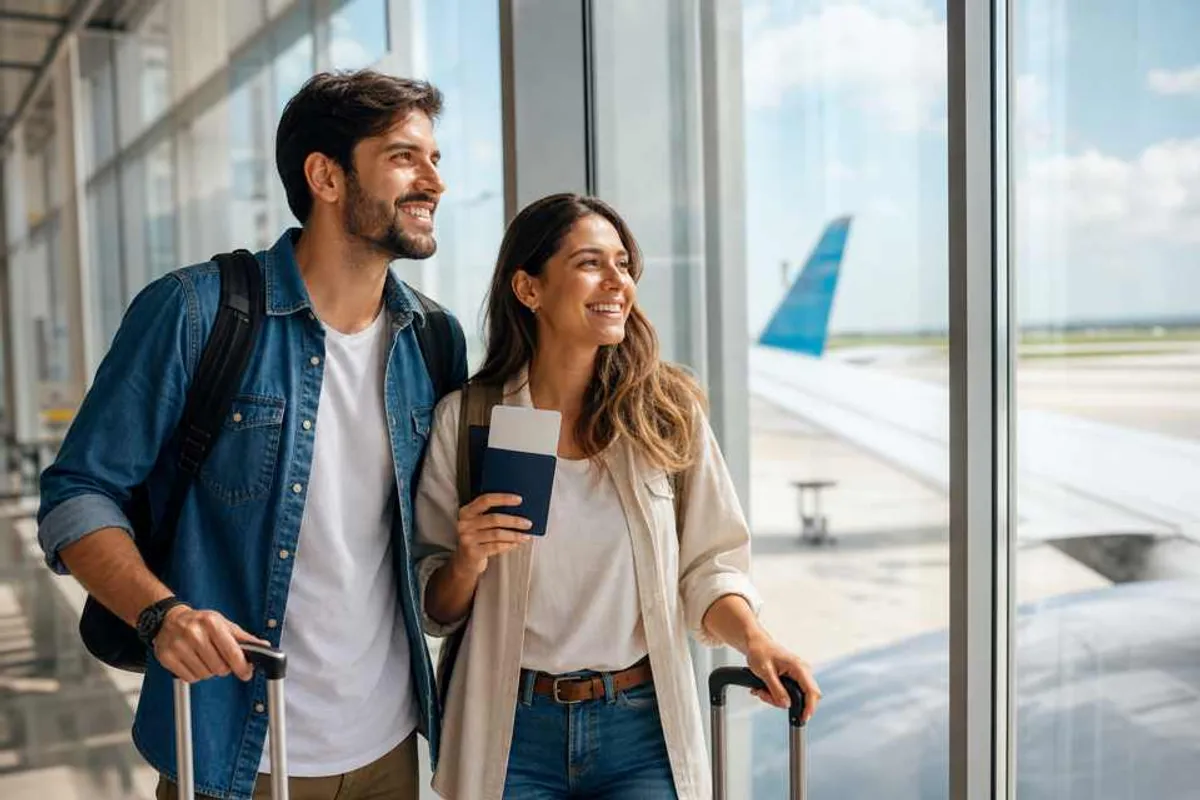 Casal viajando com bagagem em destino internacional