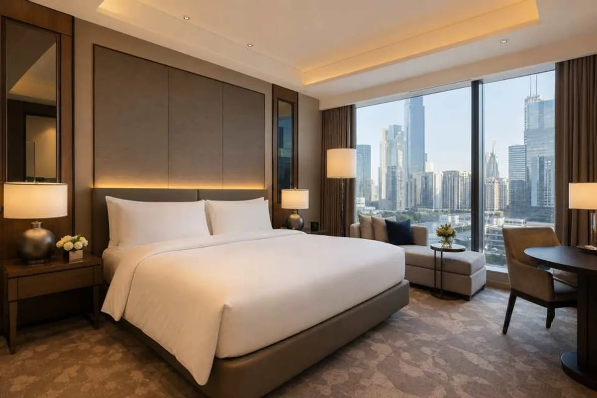 Quarto de hotel moderno e confortável com cama de casal arrumada e vista para a cidade