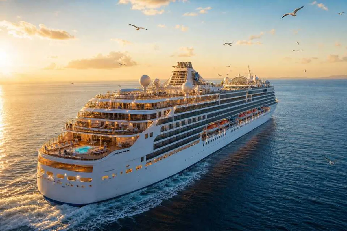 Navio de cruzeiro de luxo navegando em mar tropical azul ao pôr do sol