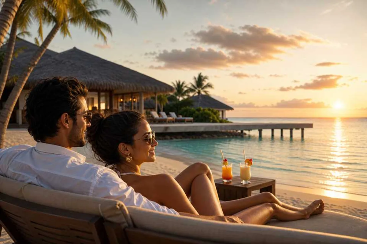 Casal em resort de praia tropical durante lua de mel ao entardecer