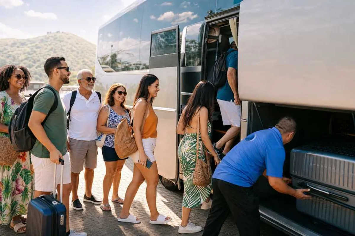 Grupo de turistas embarcando em ônibus para excursão em grupo saindo de Palmas