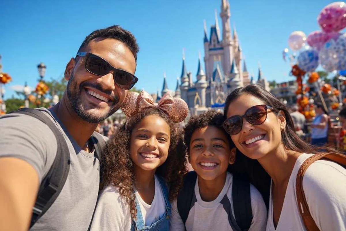 Família brasileira feliz aproveitando férias em parque temático mágico com castelo ao fundo