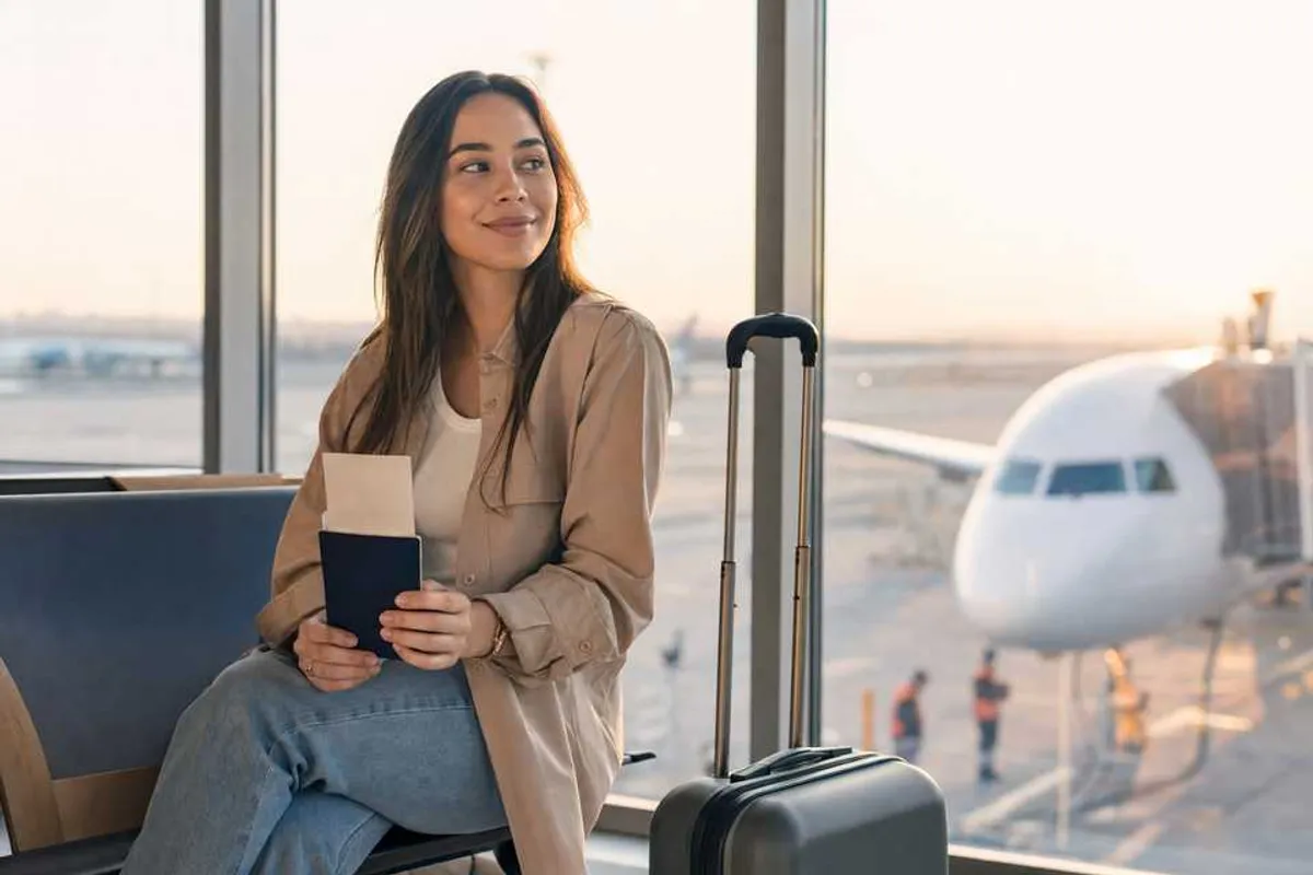 Viajante no aeroporto com passaporte e cartão de embarque, pronto para viajar com seguro viagem