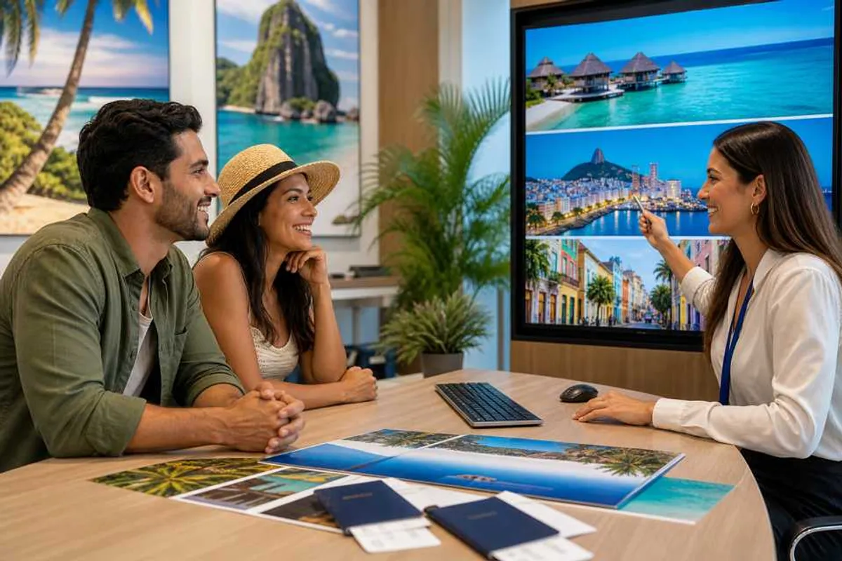 Casal planejando viagem em agência de turismo em Palmas