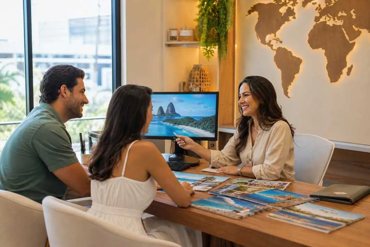 Consultora de viagens atendendo casal em agência de turismo em Palmas