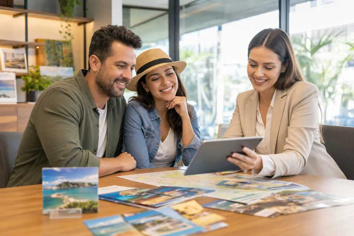 Casal planejando viagem em agência de turismo em Palmas, atendente mostrando destinos