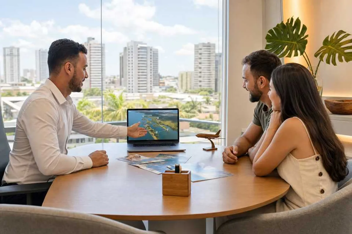 Consultor de agência de viagens atendendo clientes em Palmas com roteiro turístico no notebook.