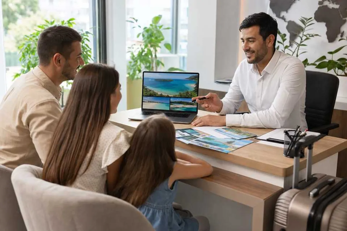 Agente de turismo em Palmas orientando família sobre pacotes de viagem em escritório moderno.