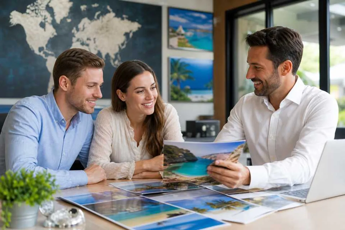 Consultor de viagens ajudando clientes a planejar viagem em agência de turismo em Santa Fé, Palmas
