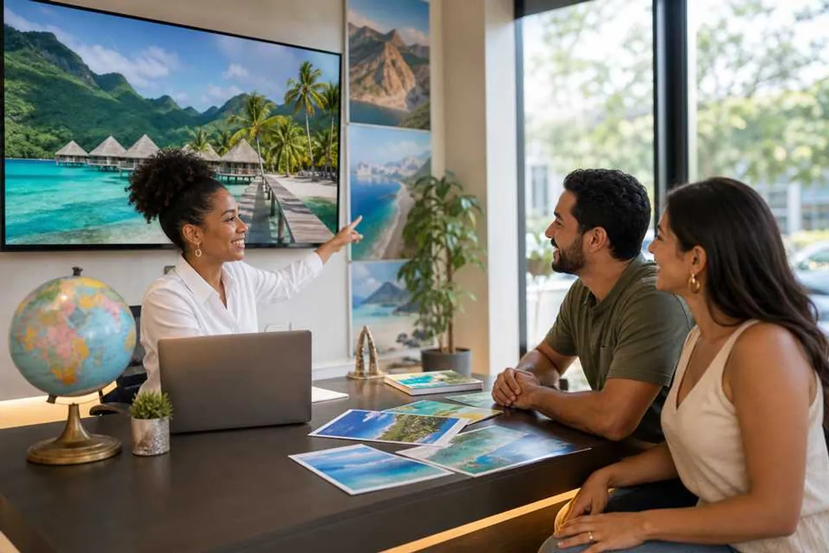 Consultora de viagens atendendo casal em agência de turismo em Palmas