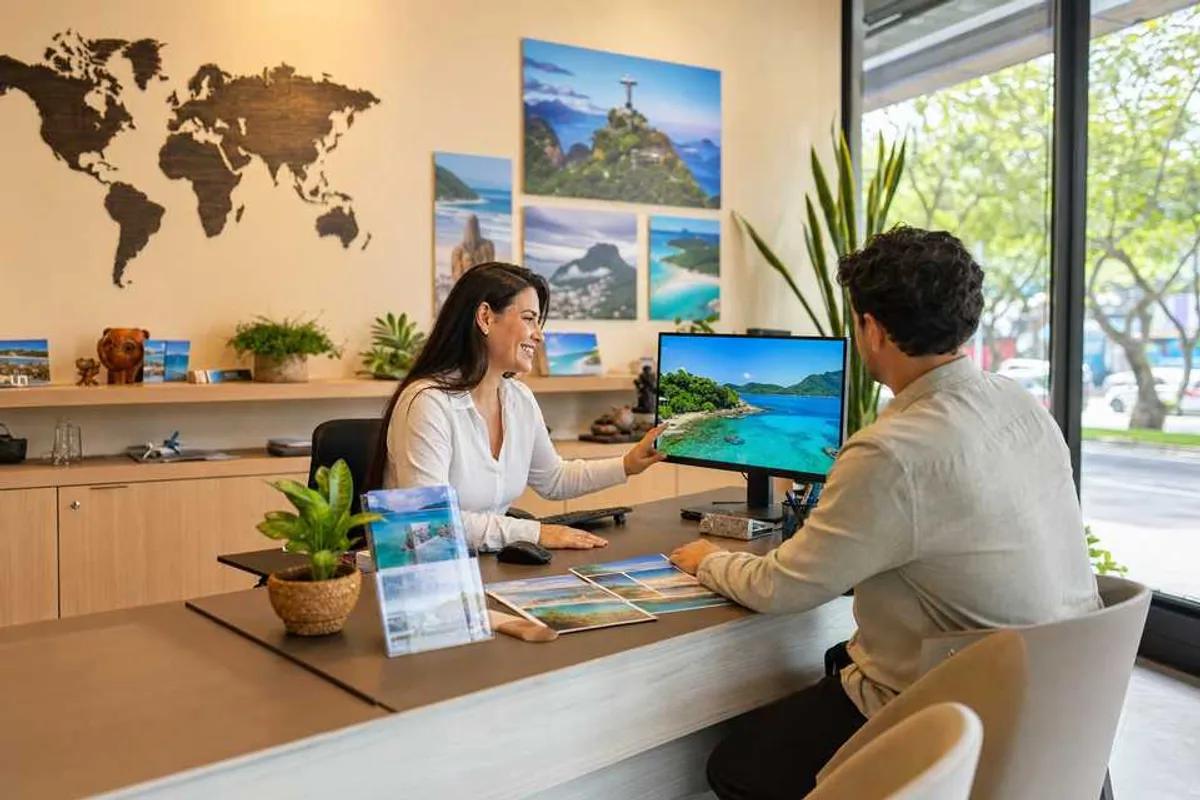 Consultora de viagens atendendo cliente em agência de turismo em Palmas, planejando roteiro de férias